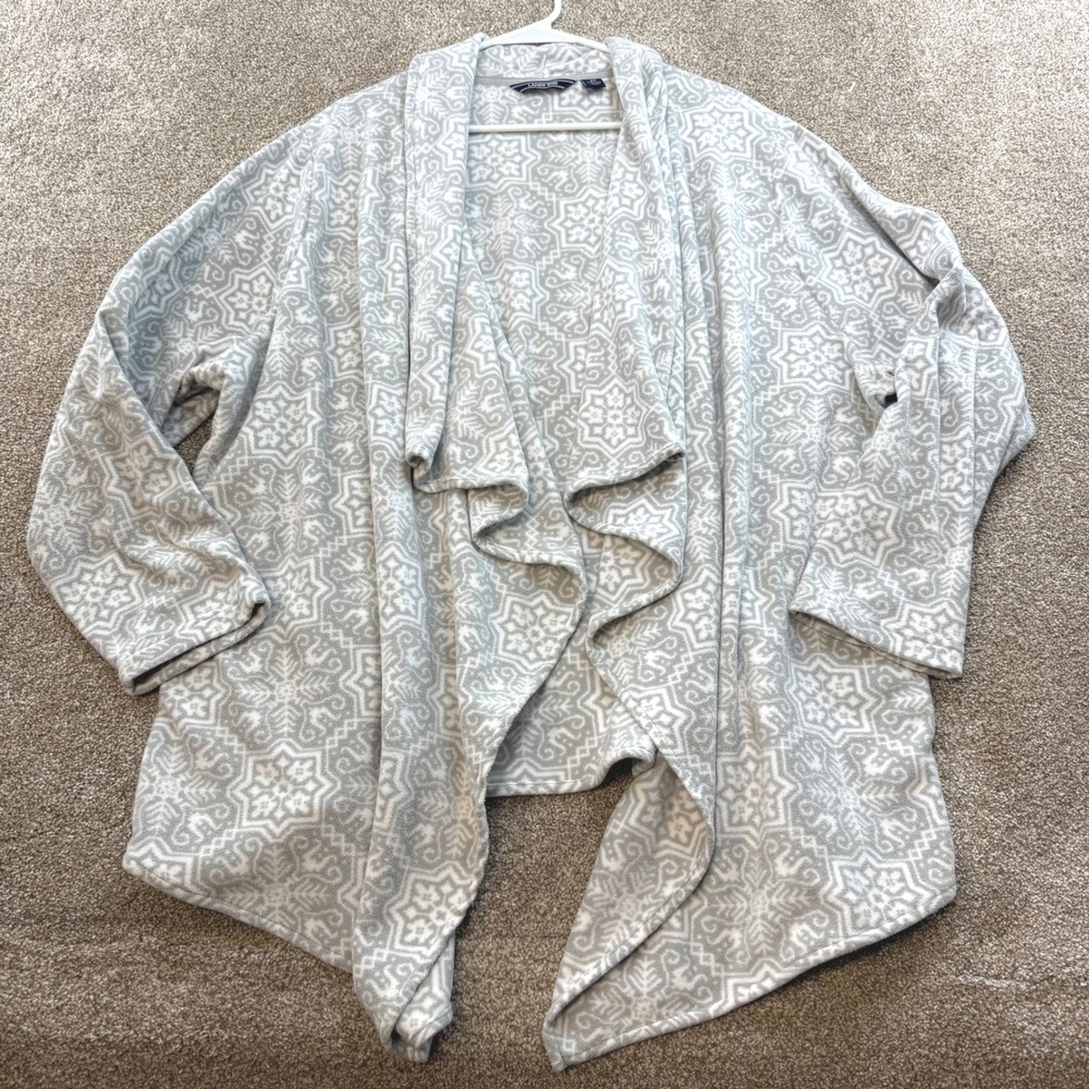 Lands End Womens 3X Fleece Cardigan Gray White Snowflake Draped 24W 26W 24 26